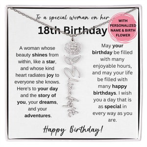 18th Birthday Birth Month Flower Necklace, 18th Birthday Name Necklace Gift, 18th Birthday Gift For Her, Sterling Silver Jewelry Gift 18th