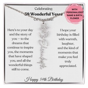 Geburtsblume Namenskette 59. Geburtstag Geschenk für Frau, personalisierter Schmuck mit Karte, elegantes Geschenk für sie, individuelles Geschenk für Mutter oder Freundin