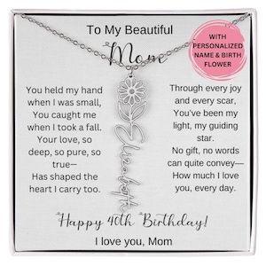 Collana con fiore di nascita, regalo per il 40° compleanno della mamma, con biglietto, regalo personalizzato per il 40° compleanno della mamma, gioiello sentimentale per lei