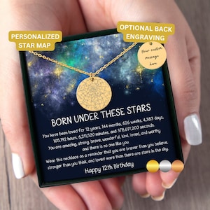 12th Birthday Gift For Her,  12th Birthday Gift Box With Message, Custom Star Map By Date Necklace, 12th Birthday Jewelry, Twelfth Birthday