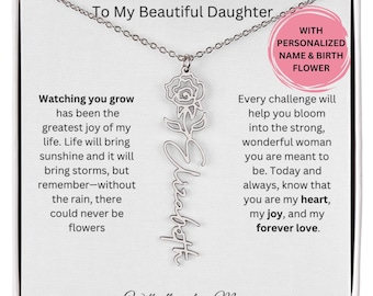 To My Daughter Necklace from Mom, Birth Flower Necklace, Sentimental Gift Jewelry Card, Meaningful Gift for Daughter from Mother