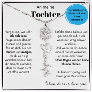 Puede incluir: Un collar plateado con un colgante floral y el nombre "Elizabeth" en cursiva. El collar se presenta en una tarjeta blanca con texto en alemán, incluyendo "An meine Tochter" y "Collar de flores de nacimiento personalizado con nombre."