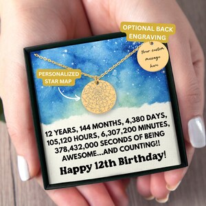 12th Birthday Gift Star Map Necklace, Birthday Gift 12th Birthday, Personalized Birthday Gift Daughter, Granddaughter Niece Turning 12