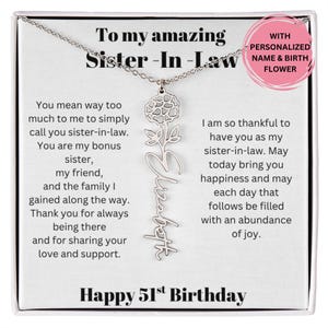 Cadeau 51e anniversaire pour belle-soeur, collier fleur de naissance avec message, cadeau bijoux personnalisés pour belle-soeur anniversaire