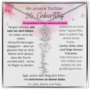 Geburtsblumen Namenskette Tochter Geschenk zum 26. Geburtstag, Personalisierte Kette mit Karte von Mama & Papa, Schmuck für Erwachsene