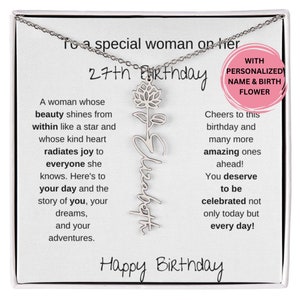 Happy 27th Birthday Birthflower Name Necklace, Gift For A Woman Turning 27, 27th Birthday Gift For Her, 27th Birthday Necklace  Message Card