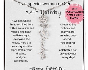 Happy 27th Birthday Birthflower Name Necklace, Gift For A Woman Turning 27, 27th Birthday Gift For Her, 27th Birthday Necklace  Message Card