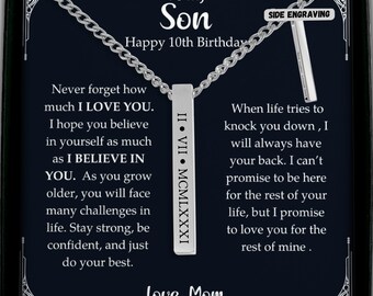 10th Birthday Personalized Roman Letter Bar Necklace With Birth Date, Son 10th Birthday, Meaningful Sentimental 10th Birthday Gift For Him