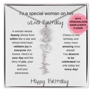 Joyeux 62e anniversaire Collier de nom de fleur de naissance, cadeau pour une femme qui a 62 ans, cadeau de 62e anniversaire pour elle, carte de message de collier de 62e anniversaire
