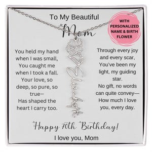 Collana con fiore di nascita, regalo per il 70° compleanno della mamma, con biglietto, regalo personalizzato per il 70° compleanno della mamma, gioiello sentimentale per lei