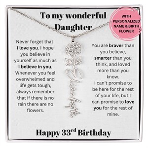 Presente de 33º aniversário para filha: colar personalizado com nome e flor de nascimento, cartão com mensagem, joia significativa da mãe ou do pai