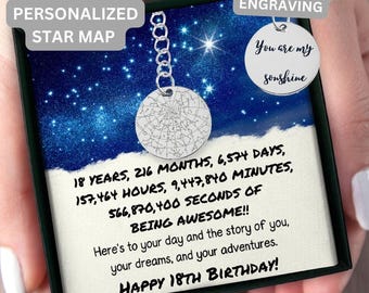 18th Birthday Gift For Her, 18th Birthday Gift For Him,  Custom Star Map By Date Keychain, 18th Birthday Gift Daughter, Son, Granddaughter
