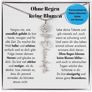 Puede incluir: Un collar plateado con un colgante floral y el nombre "Elizabeth" en escritura cursiva. La imagen incluye texto en alemán, incluyendo "Ohne Regen keine Blumen."