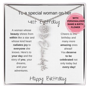 Happy 41st Birthday Birthflower Name Necklace, Gift For A Woman Turning 41, 41th Birthday Gift For Her, 41st Birthday Necklace  Message Card