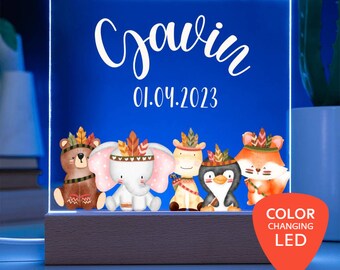 Personalized Acrylic Night Light Baby Boy,  Boho Baby Boy Birth Gift, Night Light Kids Bedroom, Cute Safari Animal Night Light,Birthday Gift