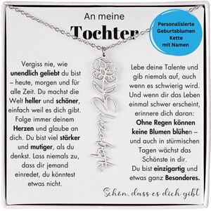 Puede incluir: Un collar plateado con un colgante de flor y el nombre "Elizabeth" en cursiva. El collar se muestra en una tarjeta blanca con texto en alemán, incluyendo "An meine Tochter" y "Personalizado Flores de Nacimiento Collar con Nombres."