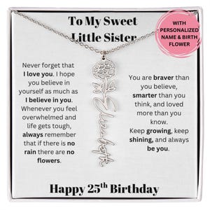 Presente de 25º aniversário para irmãzinha: colar personalizado com nome e flor de nascimento com mensagem sincera, joia personalizada de irmão ou irmã
