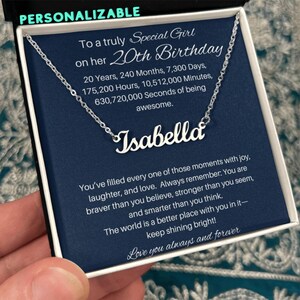 Bedeutungsvolles Geschenk zum 20. Geburtstag für Mädchen, Namenskette mit herzlicher Nachrichtenkarte für Tochter, Nichte, Enkelin, Patentochter