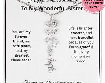 54th Birthday Sister Gift Birth Flower Name Necklace, Personalized Jewelry for Sister Turning 54,  Sentimental Gift for Her Birthday