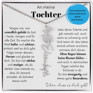 Puede incluir: Un collar plateado con un colgante floral que deletrea "Elizabeth". El collar se presenta en una caja blanca con texto en alemán, incluyendo "An meine Tochter" y un mensaje de amor. El colgante es un collar de flores de nacimiento personalizado.