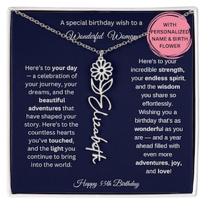Cadeau de 55e anniversaire pour elle, collier prénom fleur de naissance avec carte de message, bijoux personnalisés pour femme, cadeau d'anniversaire collier prénom personnalisé