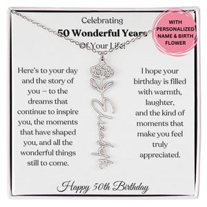Geburtsblume Namenskette 50. Geburtstag Geschenk für Frau, personalisierter Schmuck mit Karte, elegantes Geschenk für sie, individuelles Geschenk für Mutter oder Freundin