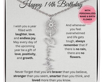 14th Birthday Name Necklace With Birthflower, Personalize 14th Birthday Gift for Daughter, Granddaughter, Niece, 14th Birthday Gift For Her