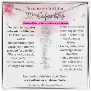 Geburtsblumen Namenskette Tochter Geschenk zum 32. Geburtstag, Personalisierte Kette mit Karte von Mama & Papa, Schmuck für Erwachsene
