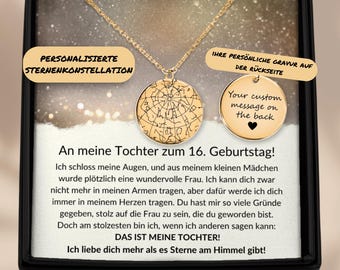 An Meine Tochter Zum 16. Geburtstag Kette Mit Sternenkonstellation Am Tag Der Geburt, Tochter Halskette Mit Personalisiertes Anhänger Gravur