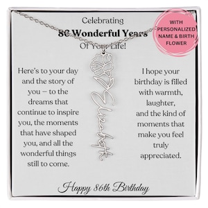 Birth Flower Name Necklace 86th Birthday Gift for Woman, Personalized Jewelry with Card, Elegant Gift for Her, Custom Gift for Mom or Friend