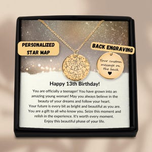 13th Birthday Girl Star Map Necklace By Date, Teen Birthday Gifts, 13th Birthday Jewelry, Thirteenth Birthday Necklace With Message Card
