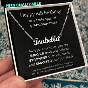 Collana con nome per bambina che compie 8 anni, regalo per nipote con biglietto con messaggio, gioiello personalizzato per bambina, regalo di compleanno dalla nonna