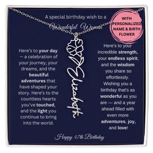 Cadeau de 47e anniversaire pour elle, collier prénom fleur de naissance avec carte, bijoux personnalisés pour femme, cadeau d'anniversaire collier prénom personnalisé