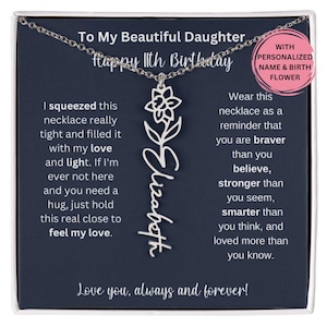 11th Birthday Gift For Her, Custom Birthmonth Flower Name Necklace 11th Birthday  Gift For Daughter, Feel My Love Daughter Sentimental Gift