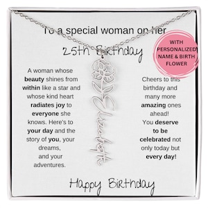 Collier de nom de fleur de naissance joyeux 25e anniversaire, cadeau pour une femme qui a 25 ans, cadeau de 25e anniversaire pour elle, carte de message de collier de 25e anniversaire