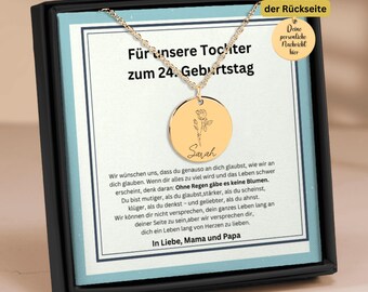 May include: A gold necklace with a round pendant featuring a floral design and the name "Sarah" engraved on it. The necklace comes in a black box with a message for a daughter on her 24th birthday. The message reads "For our daughter on her 24th birthday".