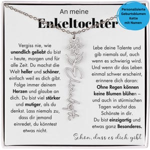 Puede incluir: Un collar plateado con un colgante de flor y el nombre "Elizabeth" en escritura cursiva. El collar se muestra en una tarjeta con texto en alemán, incluyendo "An meine Enkeltochter" y "Personalizado Flores de Nacimiento Collar con Nombre."