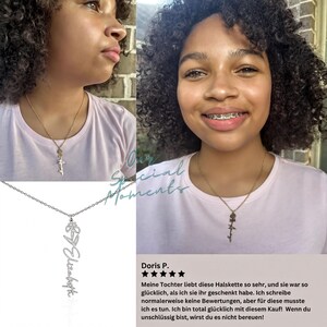The image is a collage of two photos featuring a young woman with curly hair wearing a necklace. The woman is smiling and appears to be posing for the camera. The collage includes a close-up of the necklace and a side view of the woman's face.