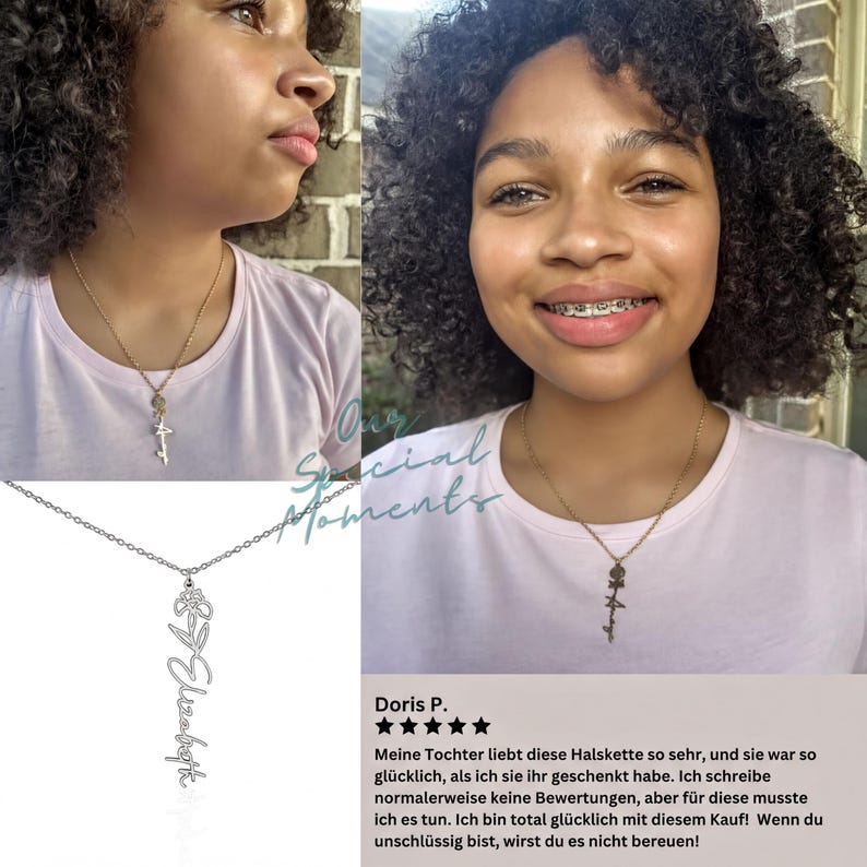 The image is a collage of two photos featuring a young woman with curly hair wearing a necklace. The woman is smiling and appears to be posing for the camera. The collage includes a close-up of the necklace and a side view of the woman's face.
