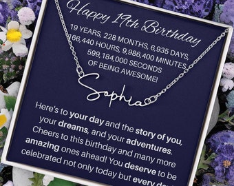 Collar con nombre de firma personalizado del 19º cumpleaños, regalo de cumpleaños número 19 para ella, regalo significativo del 19º cumpleaños, regalo personalizado del 19º cumpleaños