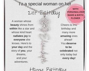 Happy 21st Birthday Birthflower Name Necklace, Gift For A Woman Turning 21, 21st Birthday Gift For Her, 21st Birthday Necklace  Message Card