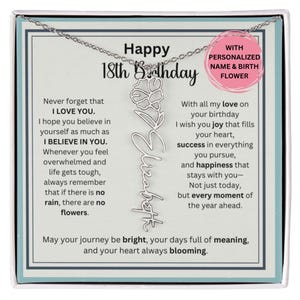 Personalisierte 18.Geburtstag Geschenk für Sie - Geburtsblumen Halskette mit Karte - Benutzerdefinierter Namensschmuck für Tochter, Nichte oder Enkelin