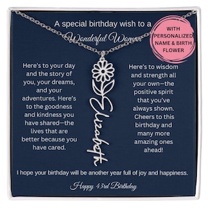 43rd Birthday Birth Flower Necklace, 43rd Birthday Card Name Necklace Set For Her Personalized 43rd Birthday Gift Idea Sister Best Friend