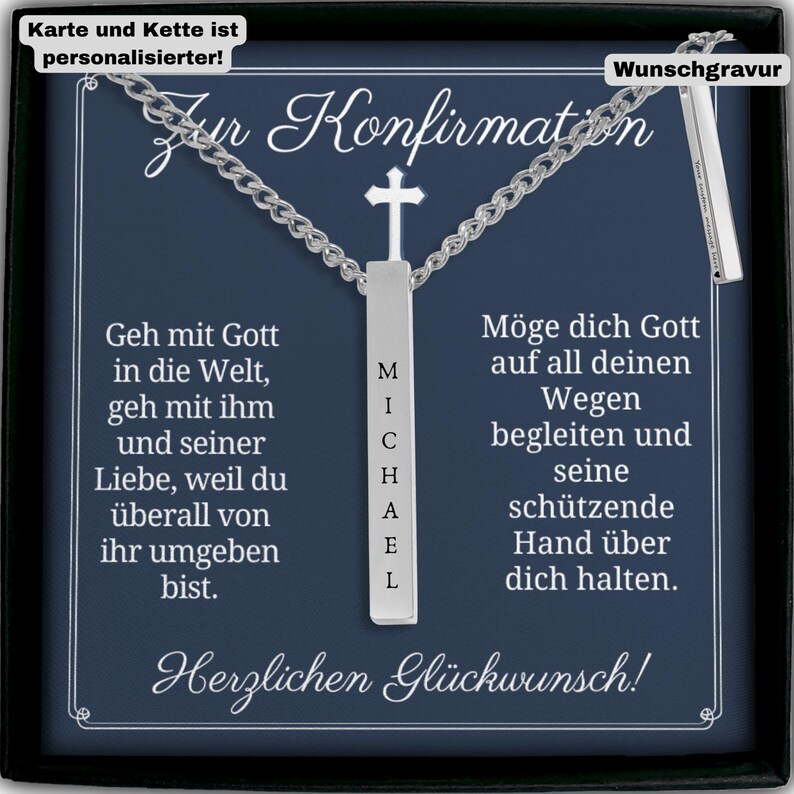 The image is a necklace with a pendant that says "An Konsirmation" in German. The pendant has a cross and the name "Michael" engraved on it. The necklace is displayed against a dark blue background, and there is text in German that reads "Gott in die Welt, geh mit imm und seiner Liebe, weil duiberall von ibr gewen bist. Möge dich Gott auf all deinen Wegen begelten und seine seine schützende Hand uber dich halten."