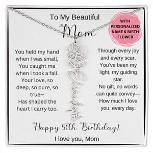 Collana con fiore di nascita, regalo per il 50° compleanno della mamma, con biglietto, regalo personalizzato per il 50° compleanno della mamma, gioiello sentimentale per lei