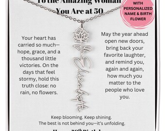 Personalized 50th Birthday Necklace, Custom Birth Flower Jewelry with Name, Gift for Mom Sister Wife 50th Milestone