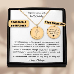 51st Birthday Gift Custom Name Necklace With Birth Flower, Flower Disk Necklace With Engraving 51st Birthday Gift For Woman, 51st Jewelry