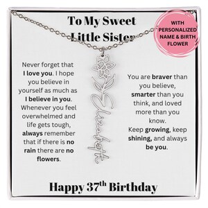 Presente de 37º aniversário para irmãzinha: colar personalizado com nome e flor de nascimento com mensagem sincera, joia personalizada de irmão ou irmã