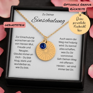 Mutmacher Schmuck zur Schule – personalisiert & liebevoll verpackt, Sonnenstrahlen Sunray Geburtsstein Kette mit Karte, Zur Einschulung
