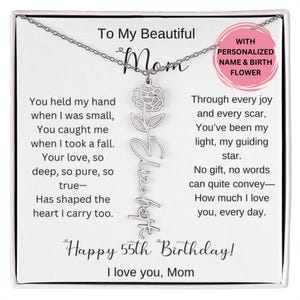 Collana con fiore di nascita, regalo per il 55° compleanno della mamma, con biglietto, regalo personalizzato per il 55° compleanno della mamma, gioiello sentimentale per lei